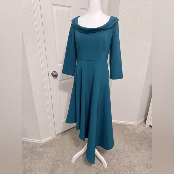 Kay Unger Asymmetrical 3/4 Sleeve Cocktail Dress Peacock Color Size 6 - Picture 5 of 10